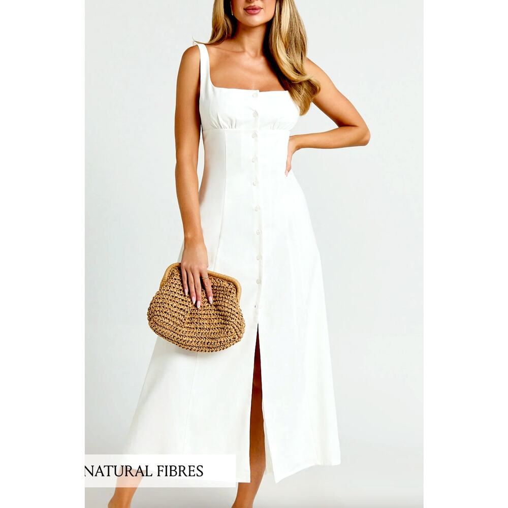Showpo White Midi Dress Size 12 Linen Blend Sleeveless Resort Vacation Cameron
